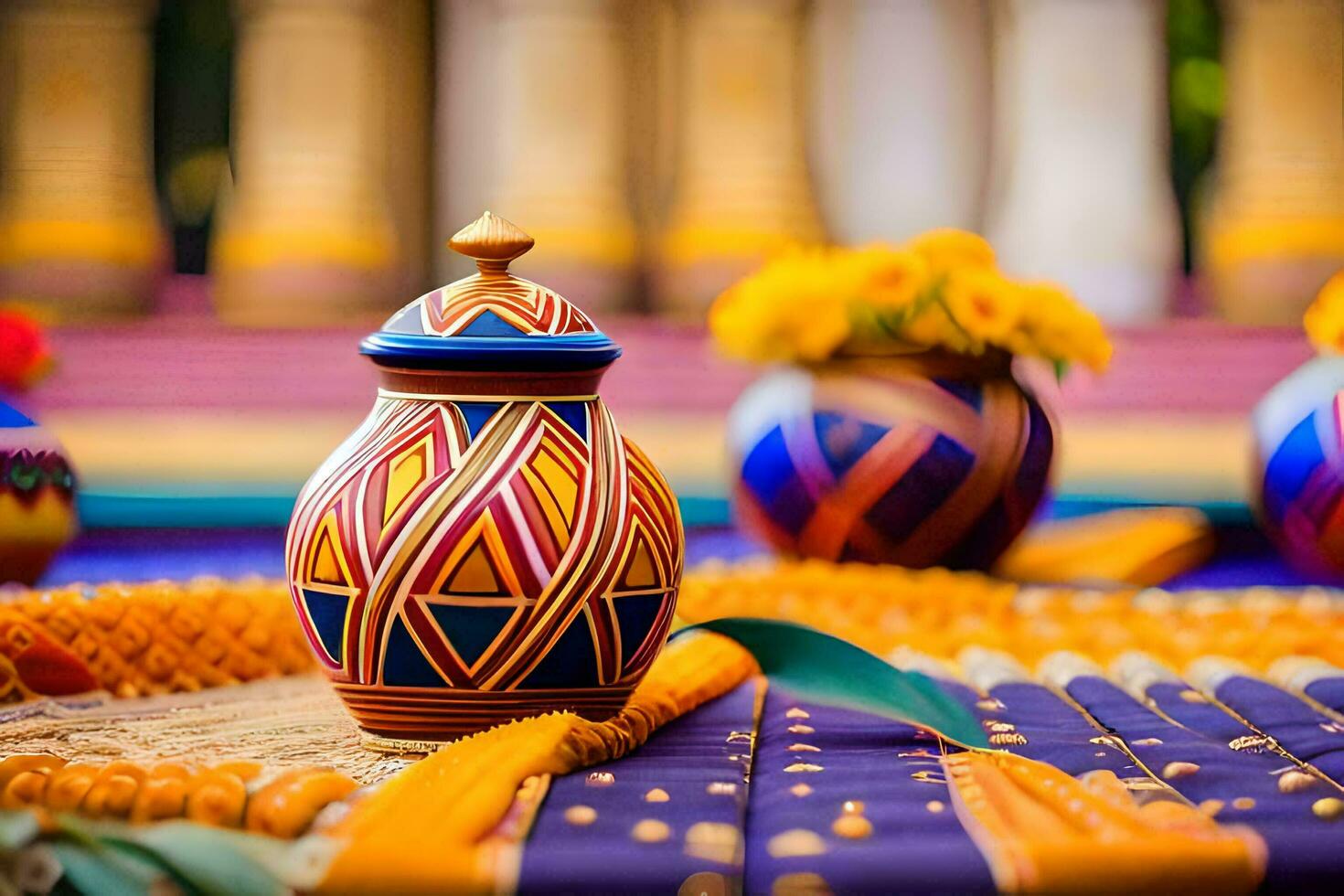 colorful vases on a table with colorful decorations. AI-Generated photo