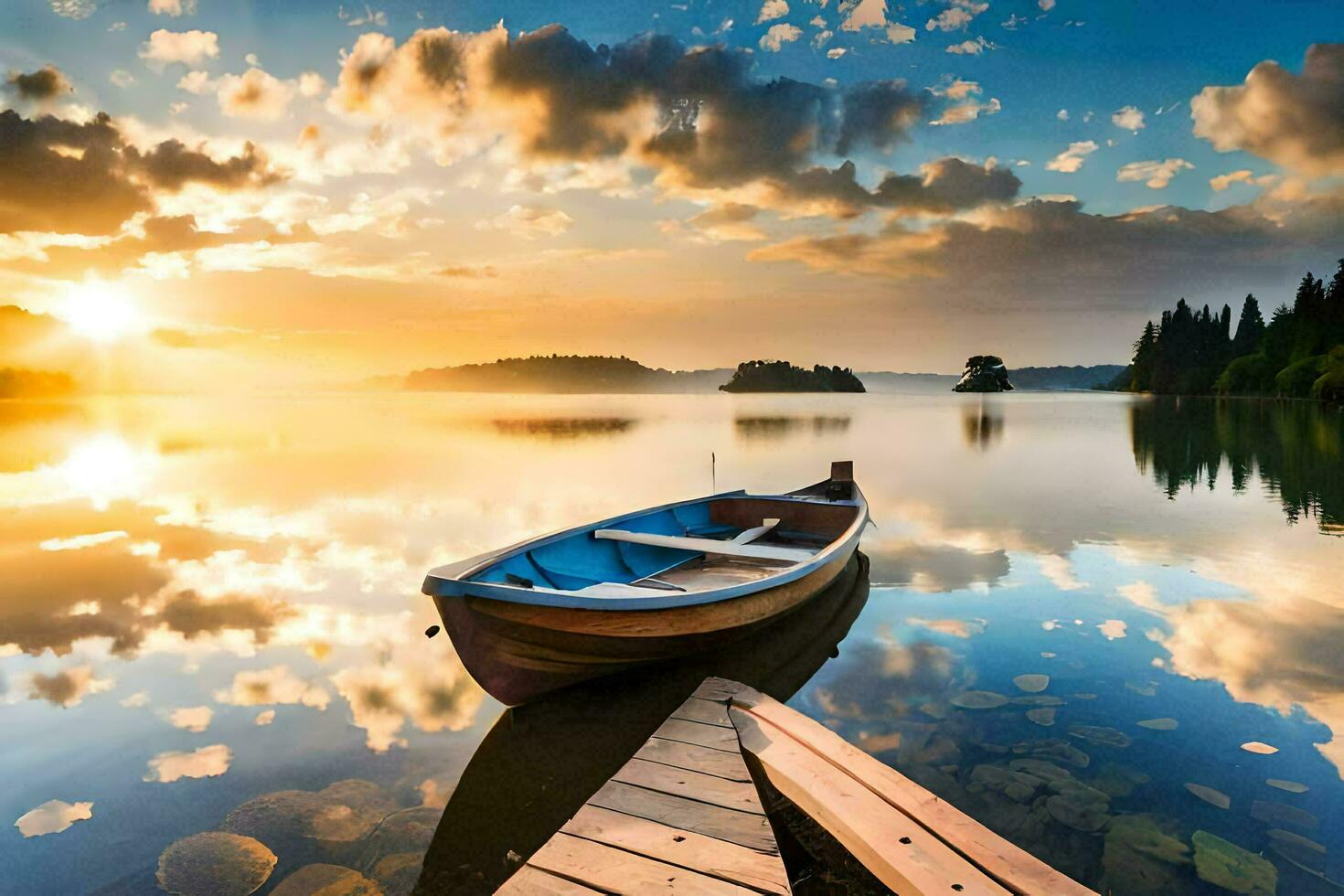 the boat on the lake at sunrise. AI-Generated photo