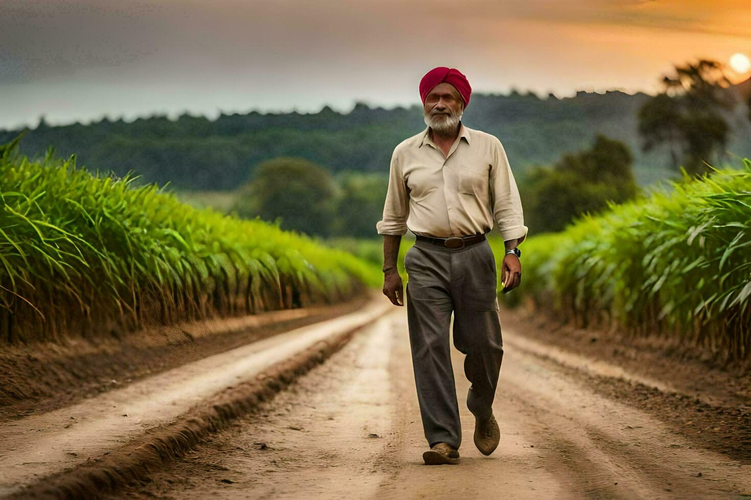 an indian man walking through a sugar cane field. AI-Generated photo