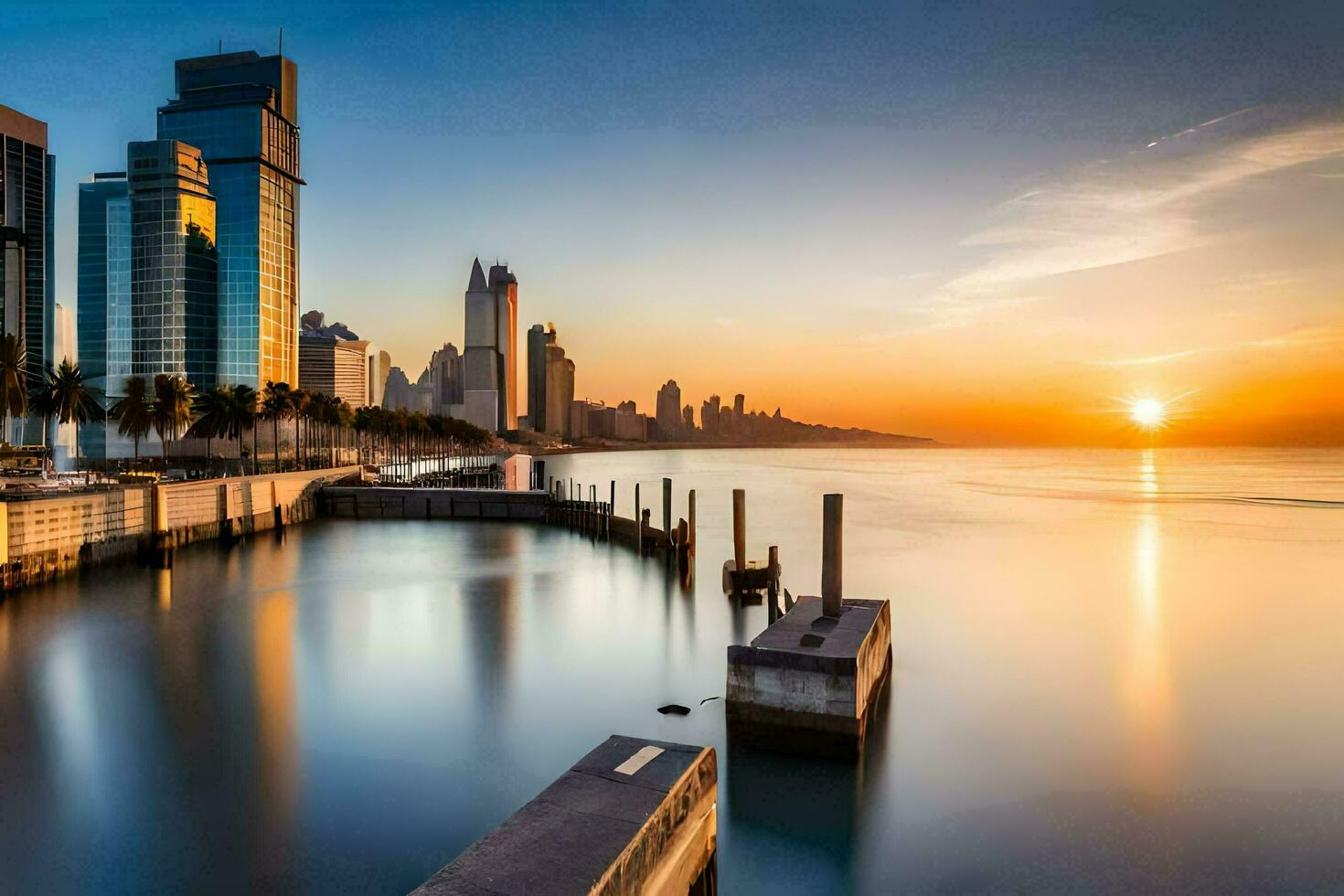 the sun sets over the city skyline in dubai. AI-Generated photo