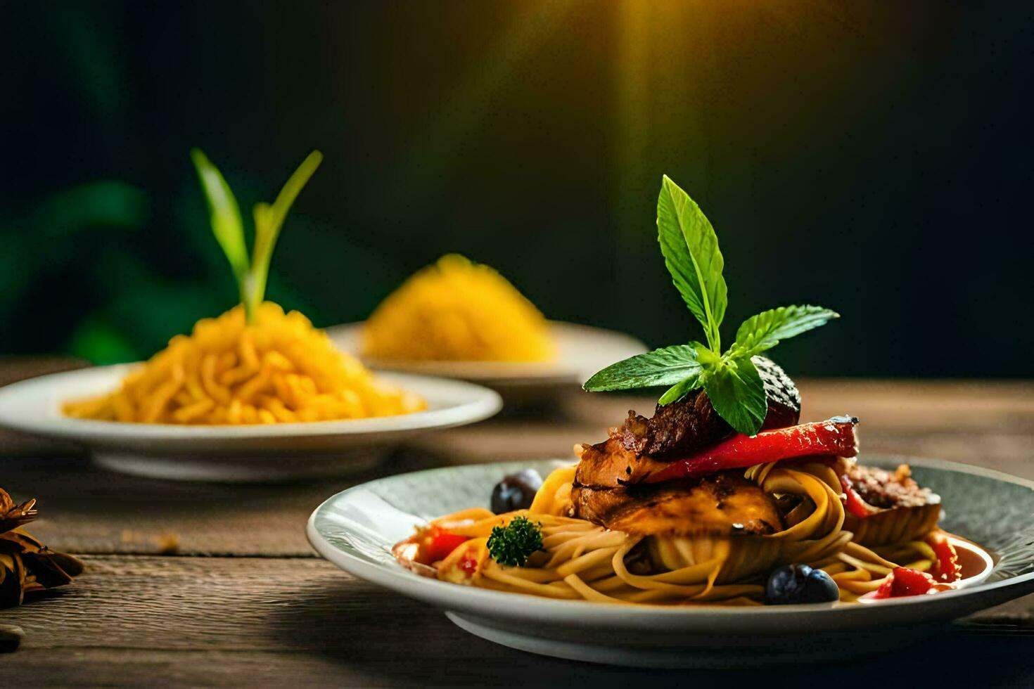 the food is served on a wooden table. AI-Generated photo