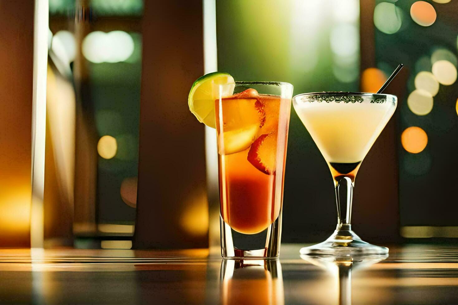 two cocktails sit on a table in front of a window. AI-Generated photo