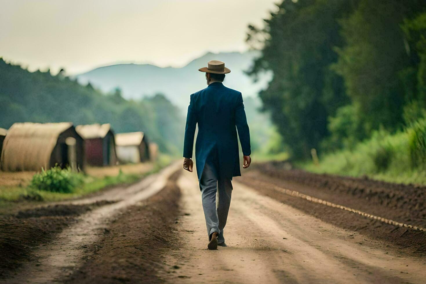 a man in a suit and hat walks down a dirt road. AI-Generated photo
