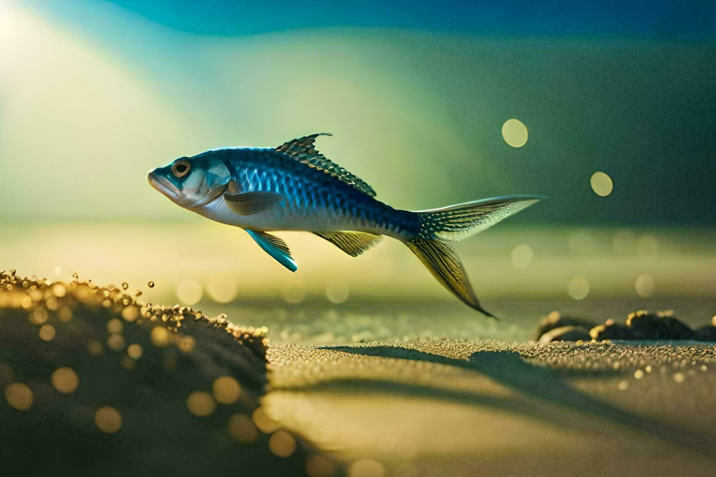 a fish is flying over the sand at sunset. AI-Generated photo