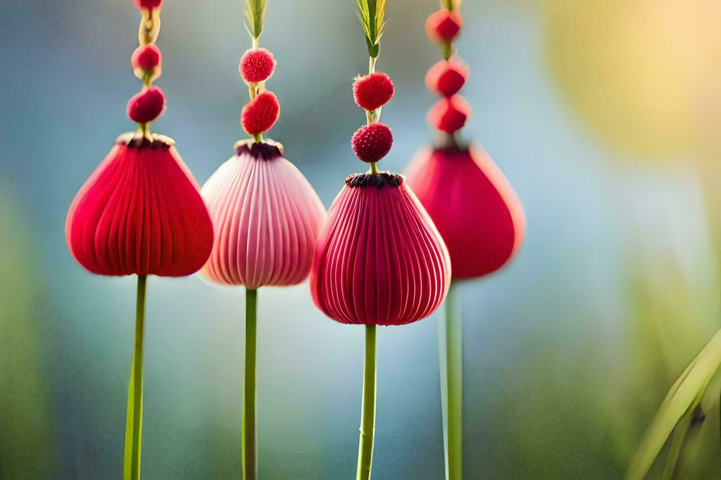 three red and pink flowers hanging from a string. AI-Generated photo