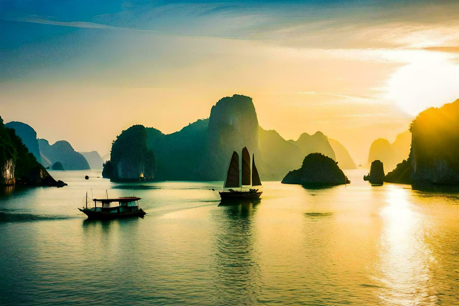 the sun sets over the water in halong bay. AI-Generated photo
