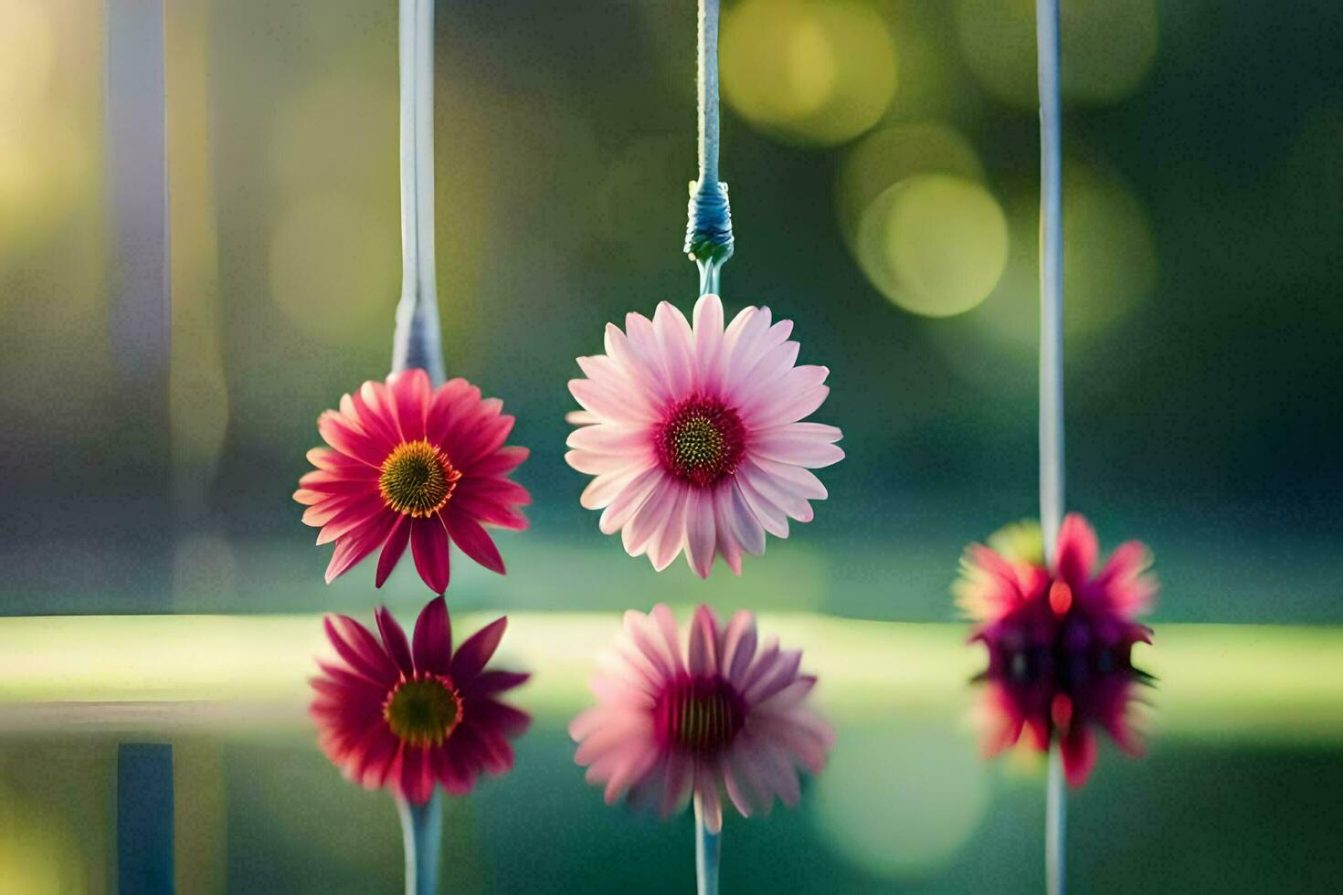 three pink flowers hanging from strings in the water. AI-Generated photo
