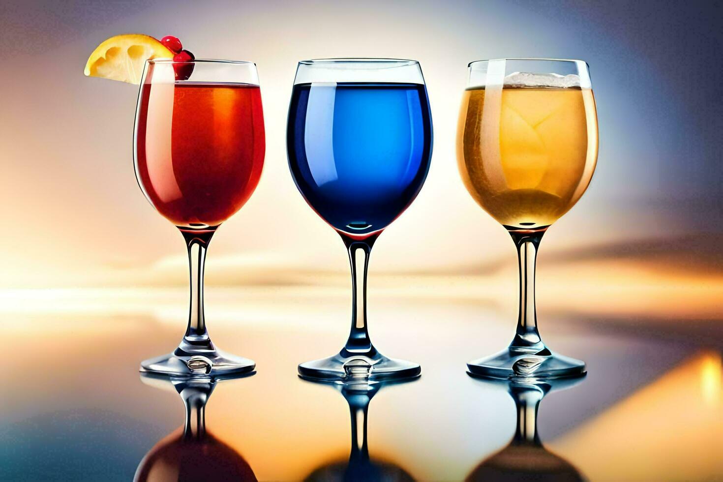 three glasses of different colored drinks on a table. AI-Generated photo