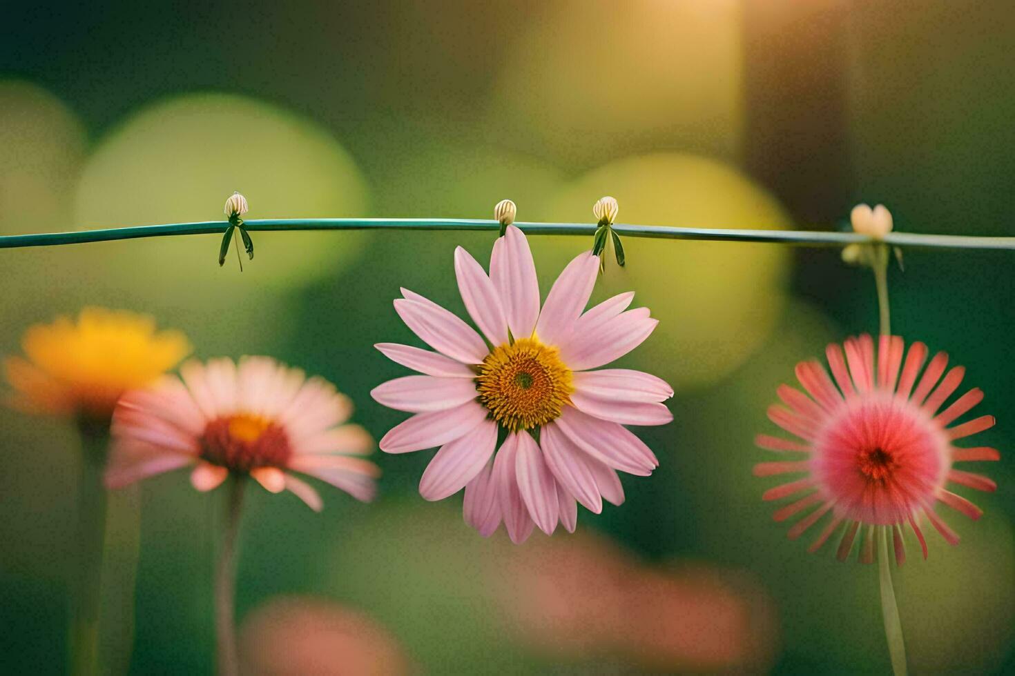 flowers hanging on a clothesline in the sun. AI-Generated photo