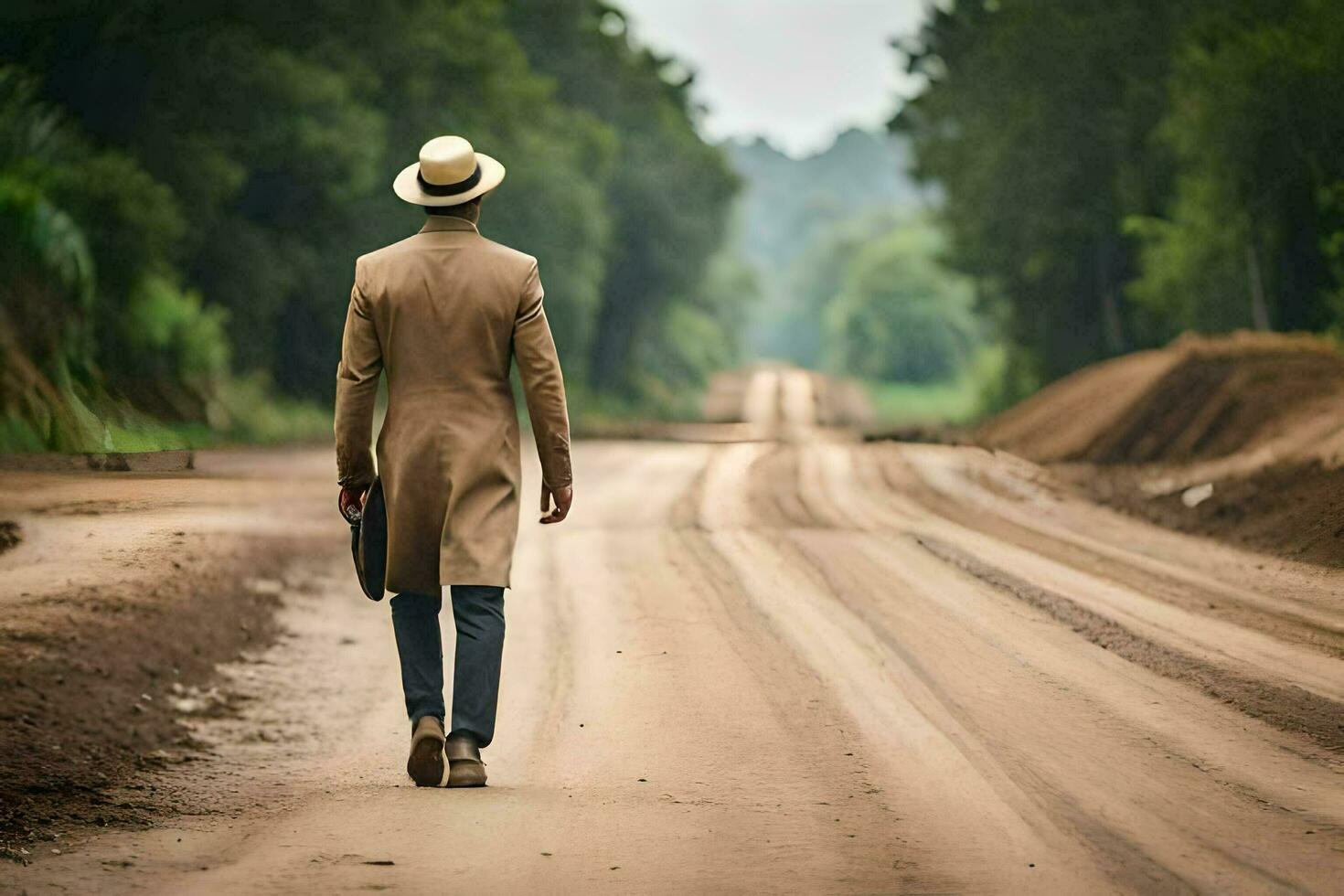 a man in a hat and suit walking down a dirt road. AI-Generated photo