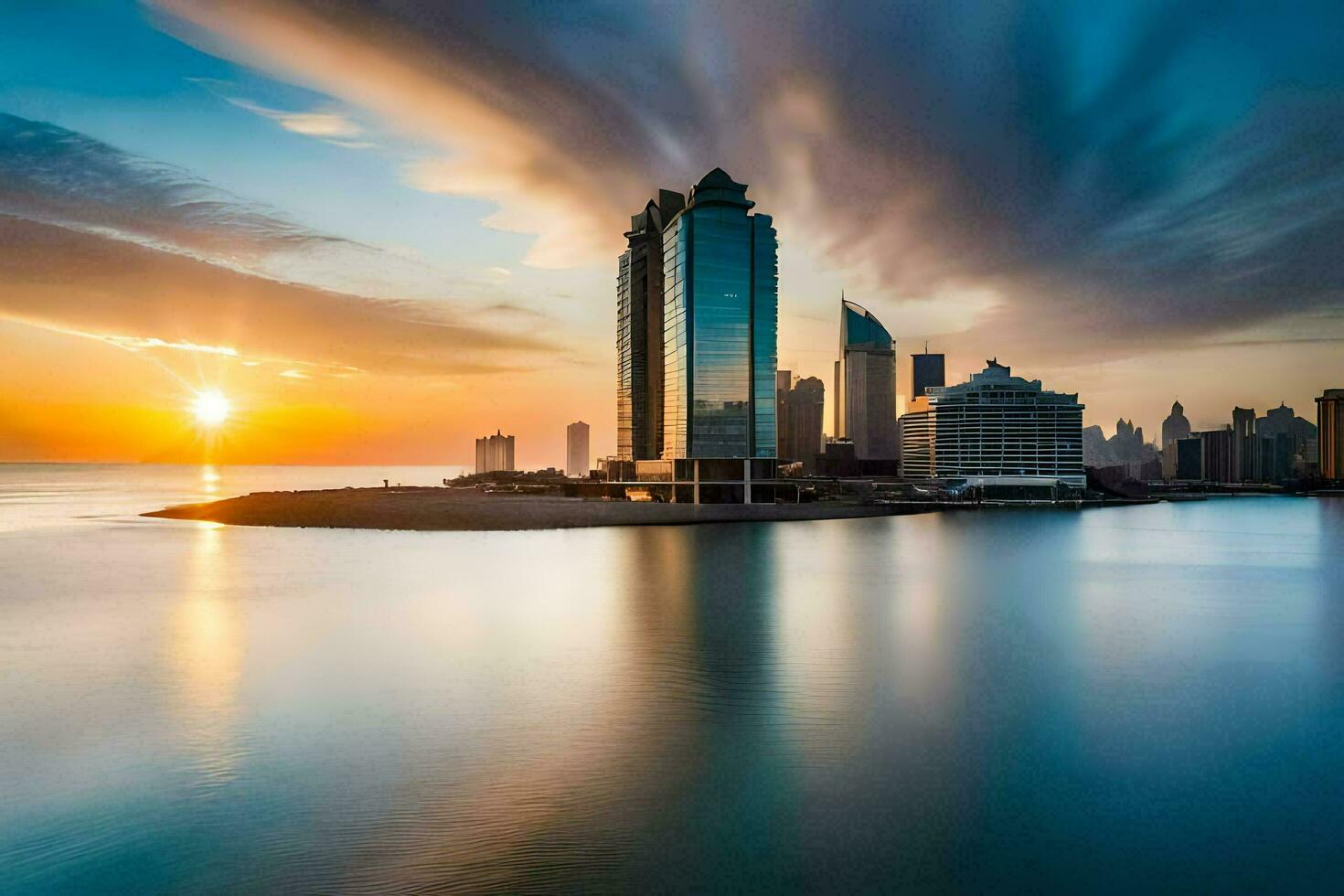 the sun sets over the city skyline in dubai. AI-Generated photo