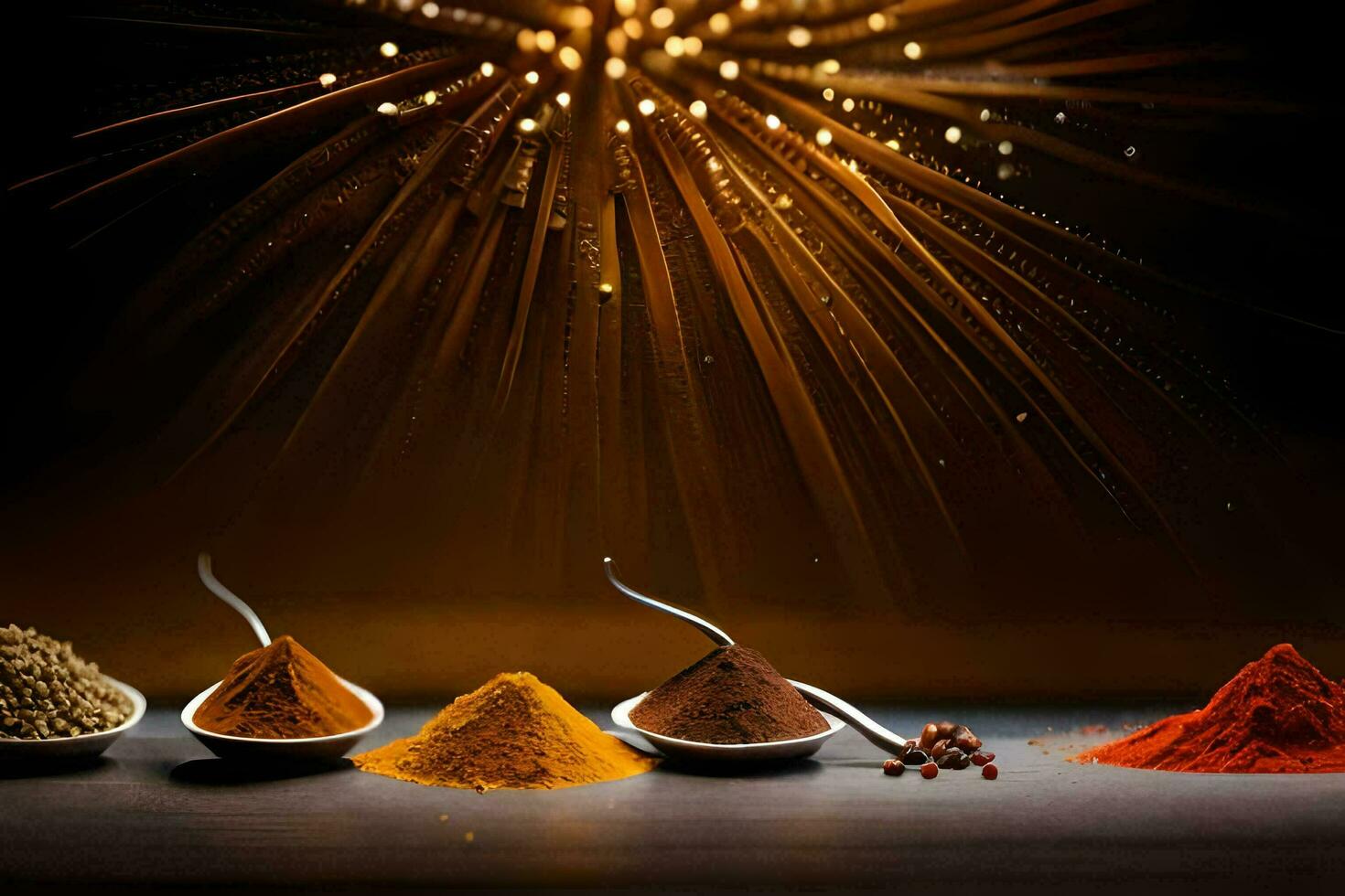 spices in bowls with fireworks in the background. AI-Generated photo