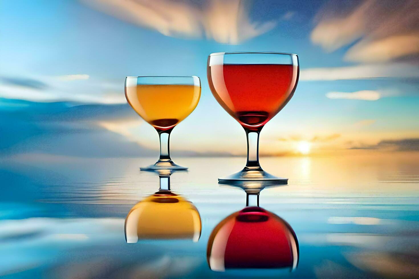 two wine glasses with different colored drinks on the water. AI-Generated photo