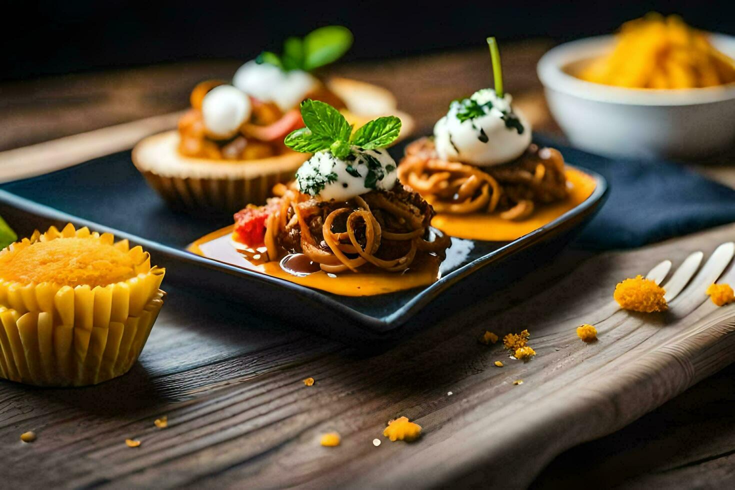 small plates with food on a wooden table. AI-Generated photo