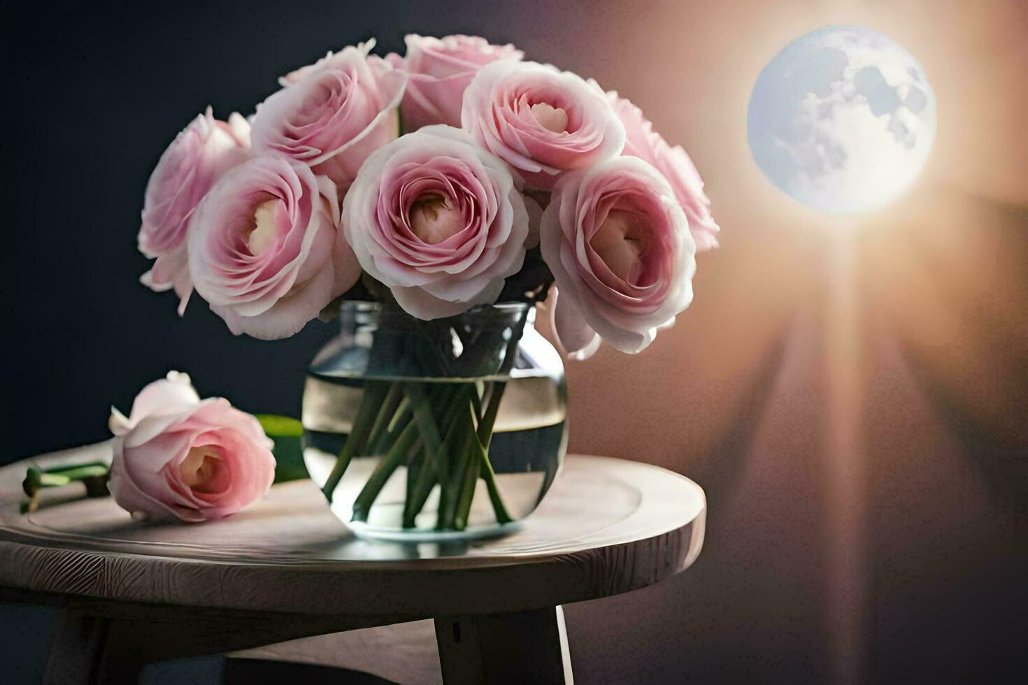 pink roses in a vase on a wooden table. AI-Generated photo