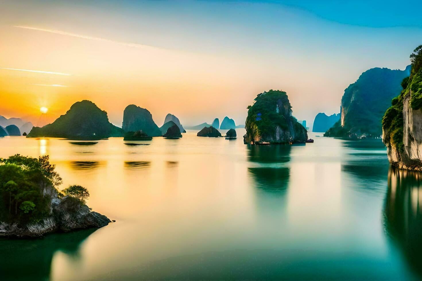 the sun sets over the water in halong bay. AI-Generated photo