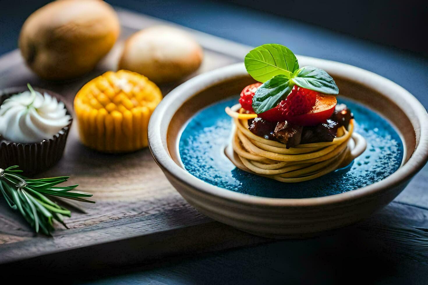 a plate with pasta, fruit and other food items. AI-Generated photo