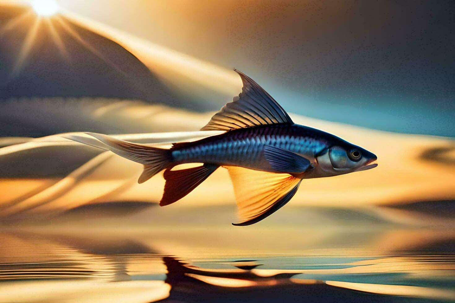 un pescado es volador terminado el agua con el Dom en el antecedentes. generado por ai foto