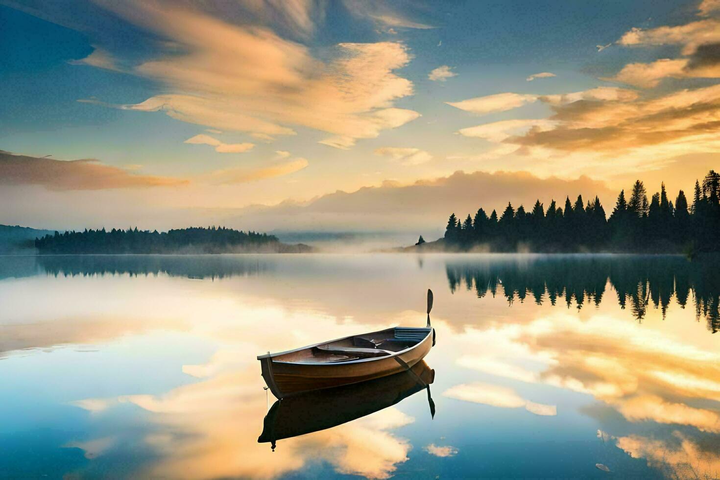 a boat sits on the calm water at sunset. AI-Generated photo