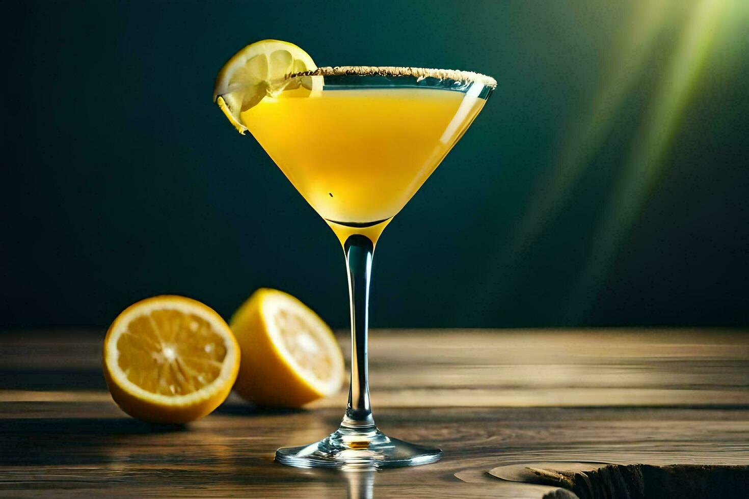 a cocktail with lemon slices on a wooden table. AI-Generated photo