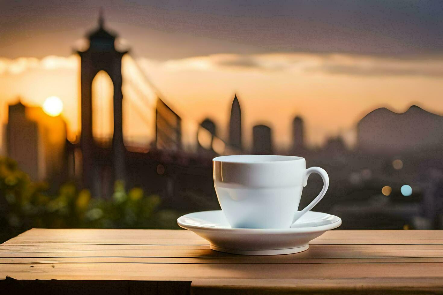 coffee cup on the table with the city in the background. AI-Generated photo