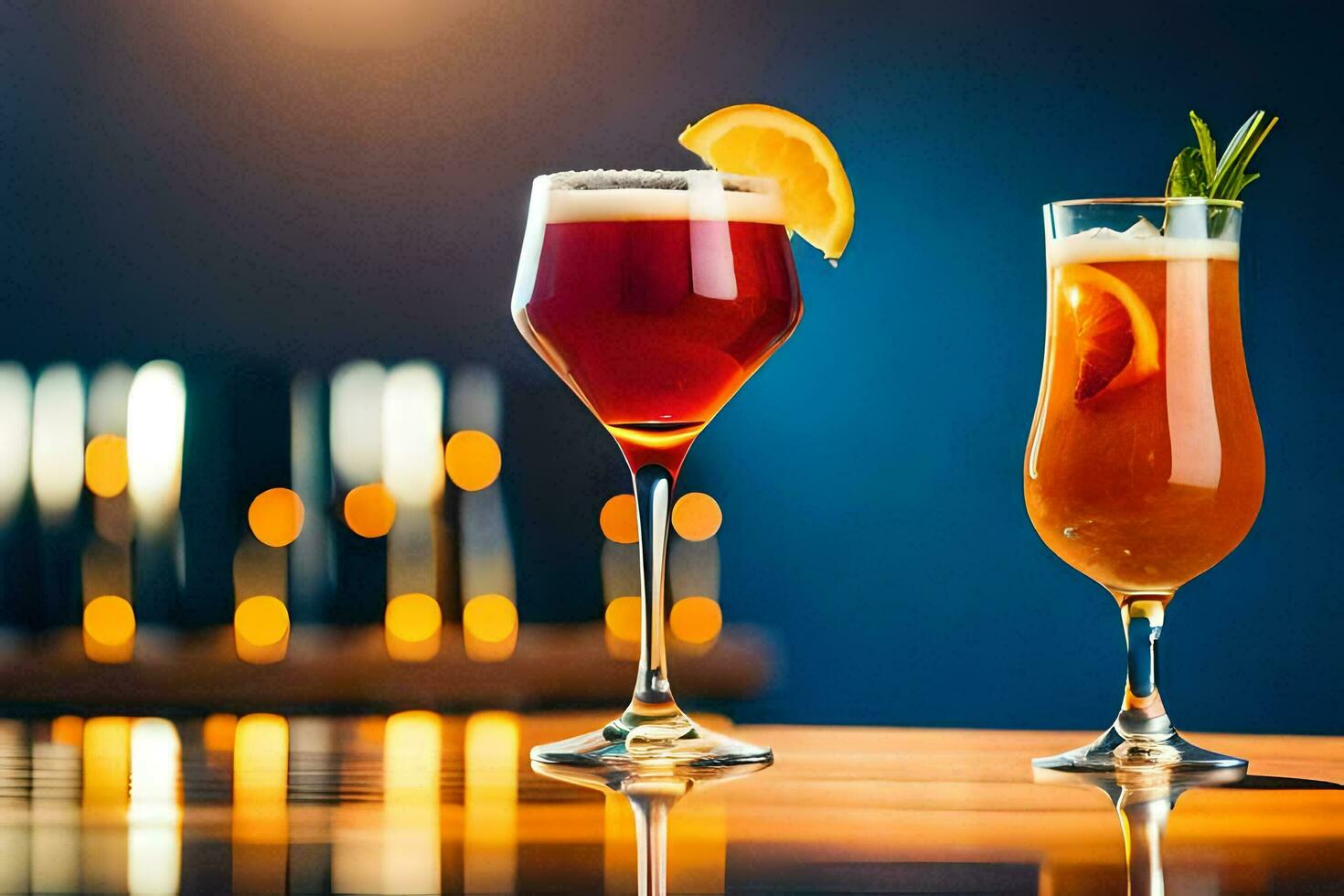 two glasses of alcoholic drinks on a bar. AI-Generated photo