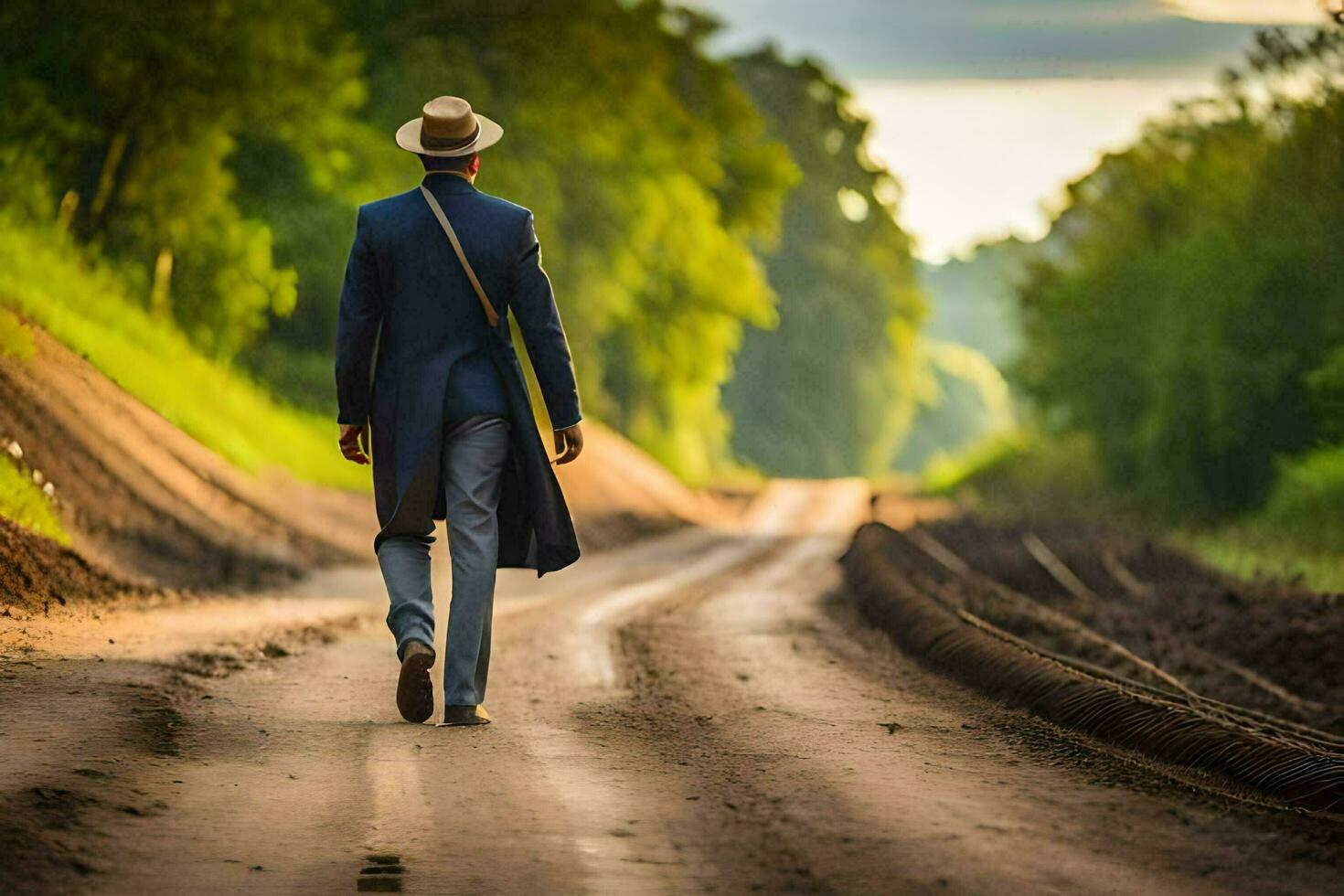 a man in a suit and hat walks down a dirt road. AI-Generated photo