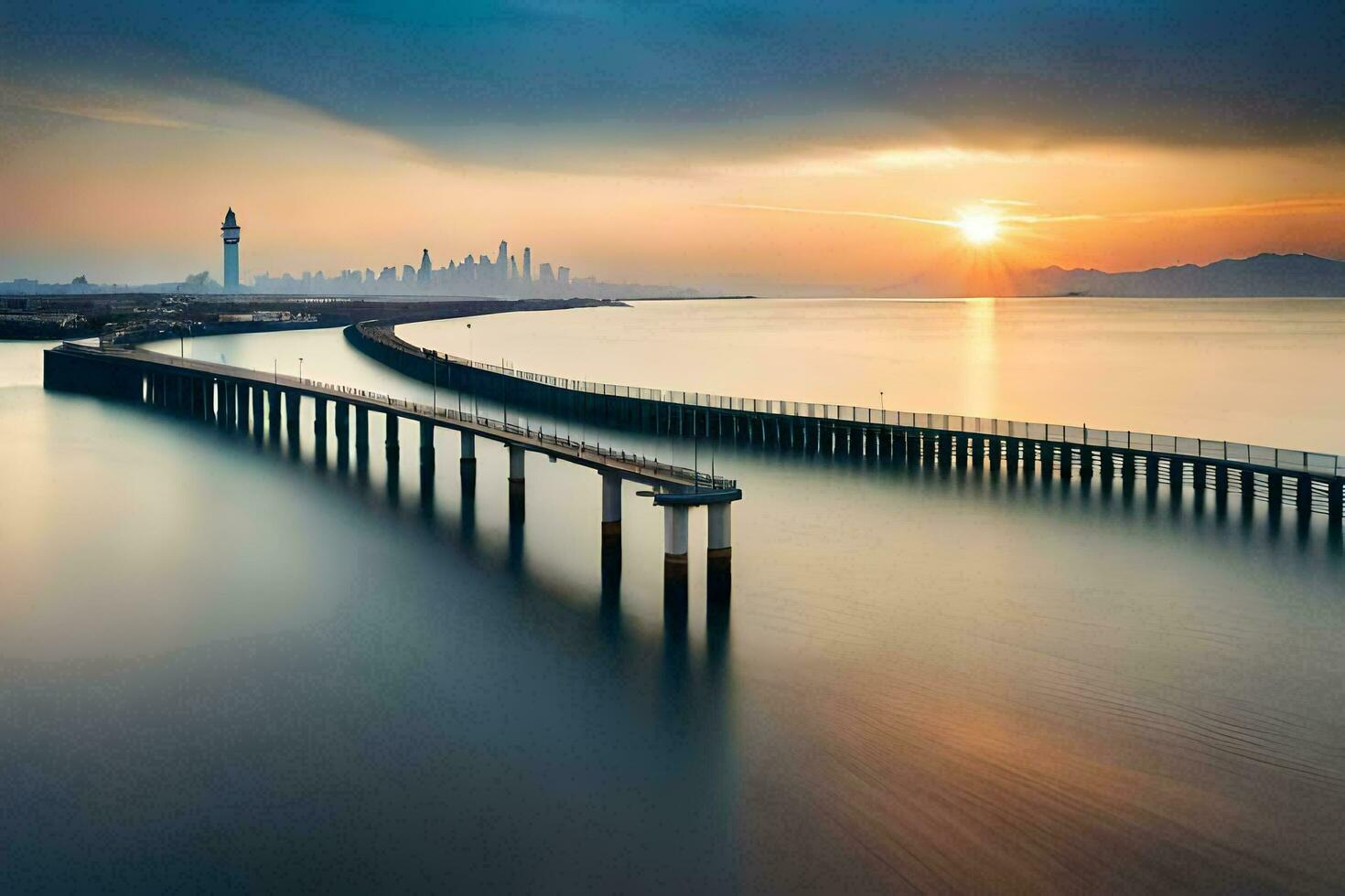 a long exposure photo of a pier in the ocean. AI-Generated