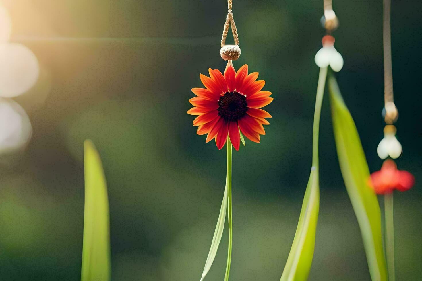 a red flower is hanging from a string. AI-Generated photo