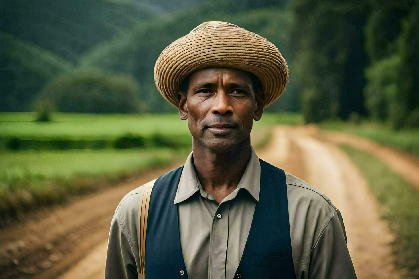 an african man wearing a hat stands on a dirt road. AI-Generated photo