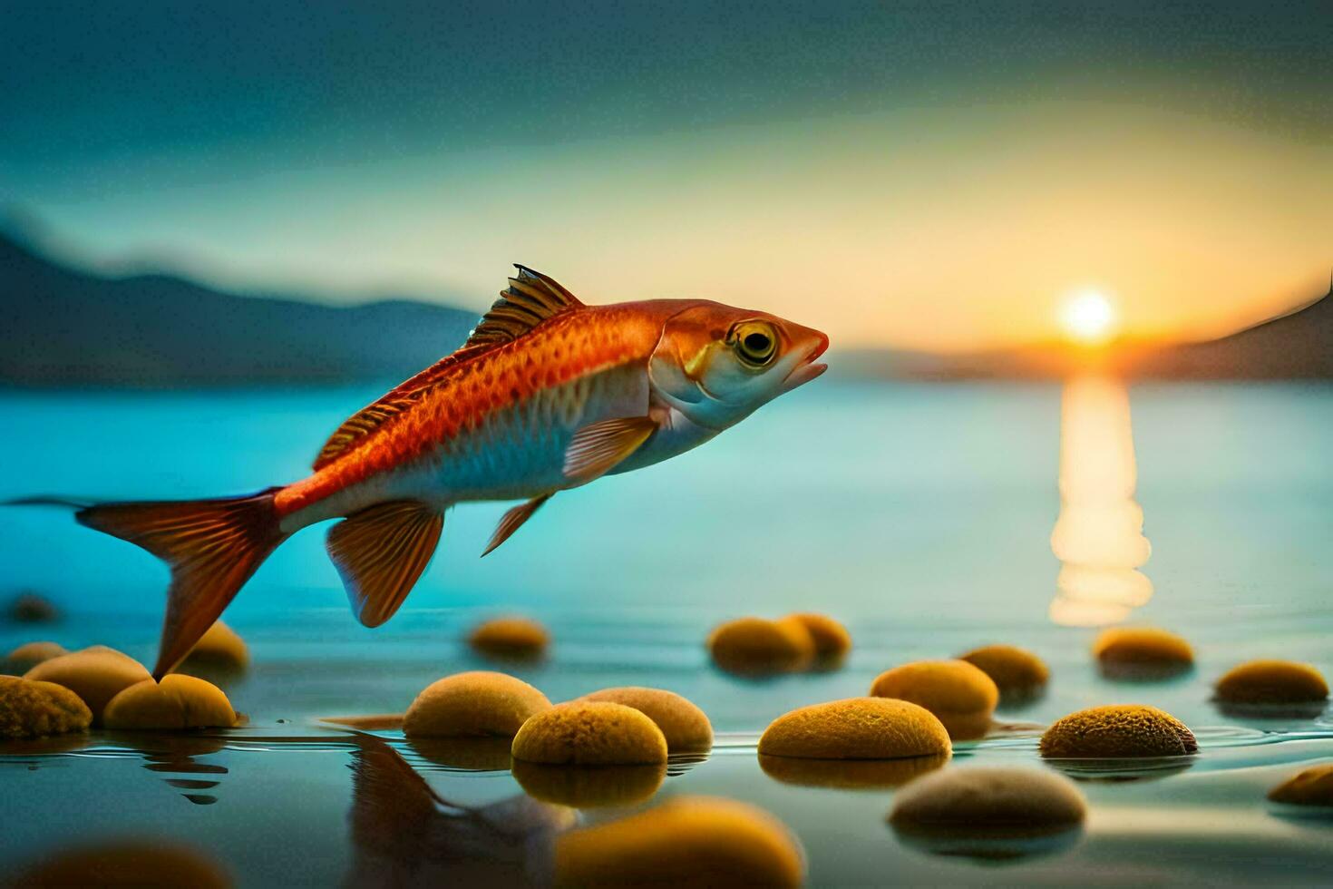 a fish is jumping out of the water with balls. AI-Generated photo