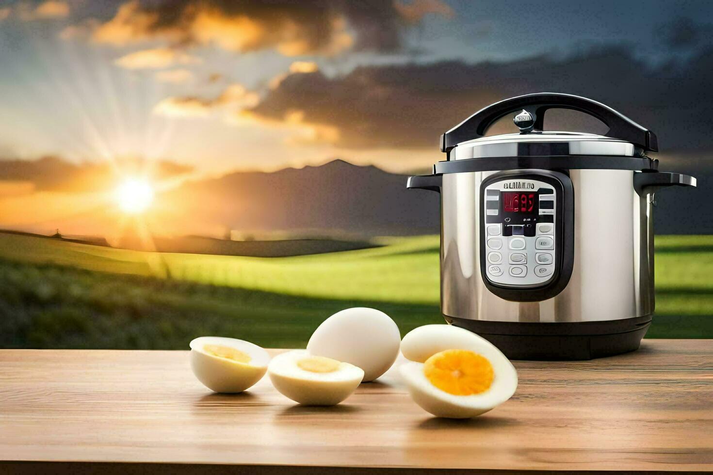 an instant pot with eggs and a pan on a table. AI-Generated photo