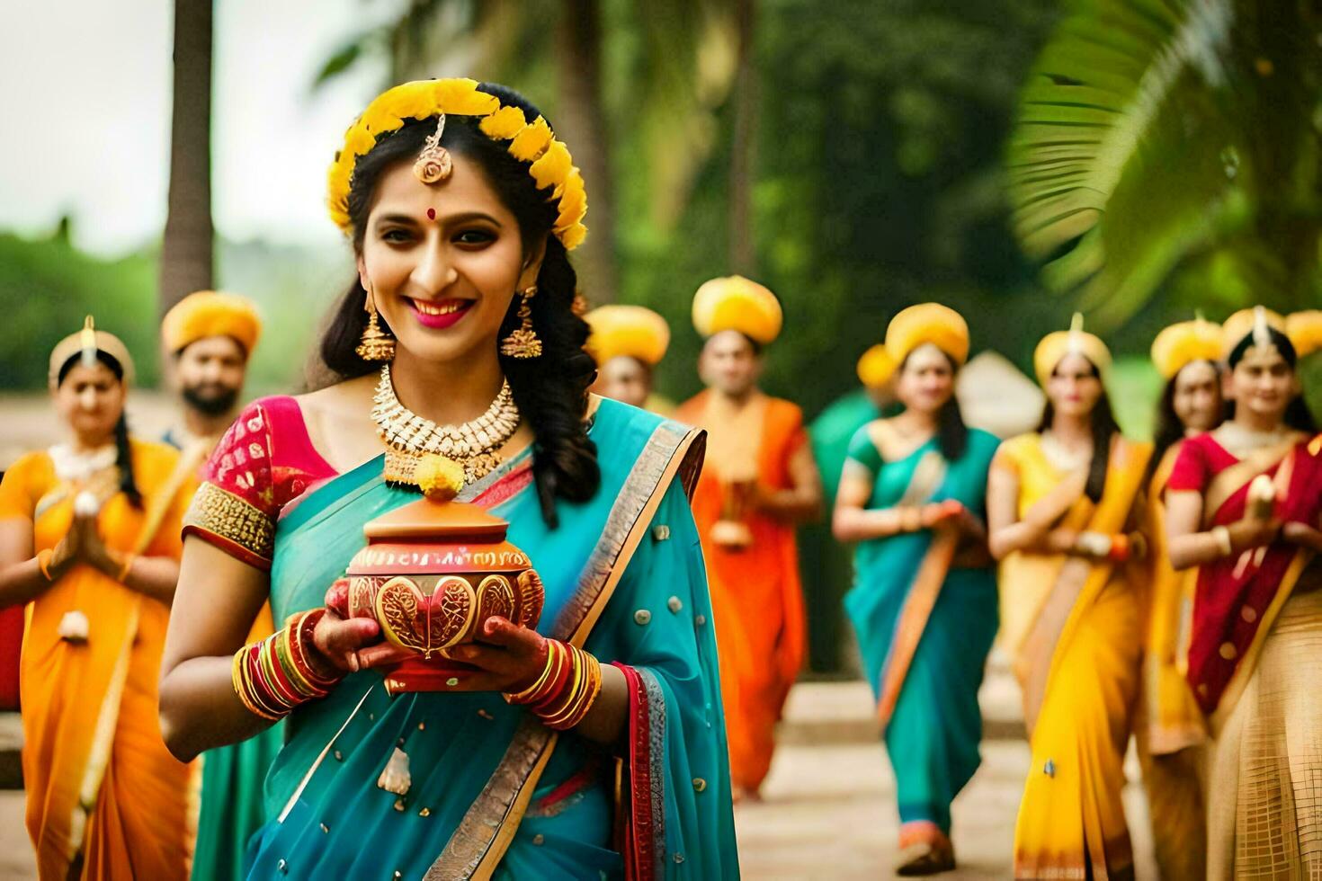 indian women in colorful saris holding a pot. AI-Generated photo