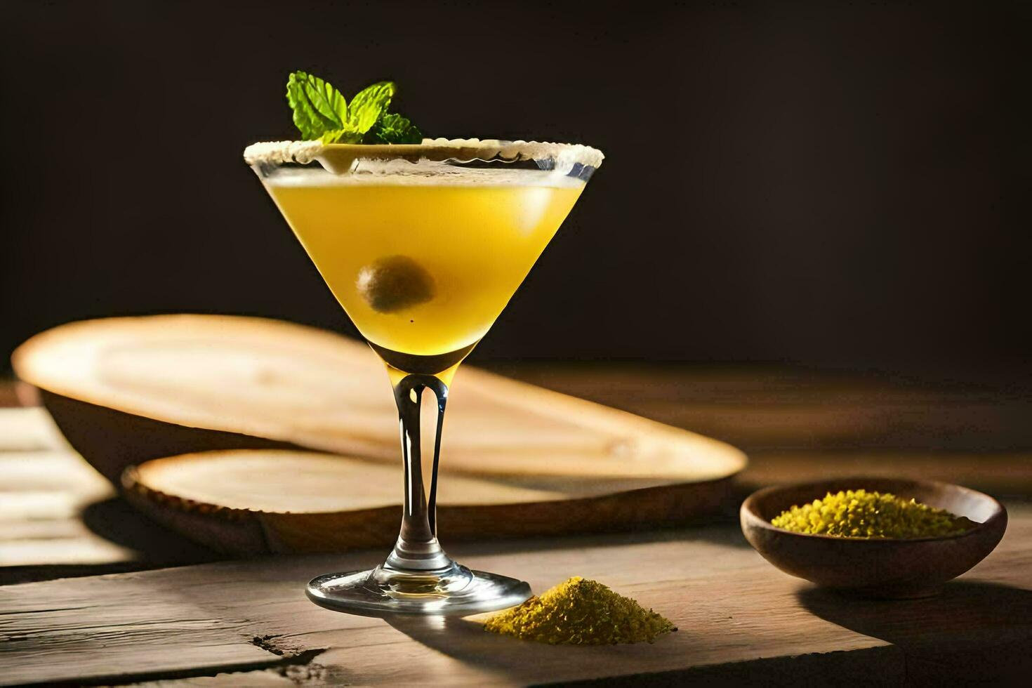 a cocktail with a green garnish and a spoon. AI-Generated photo