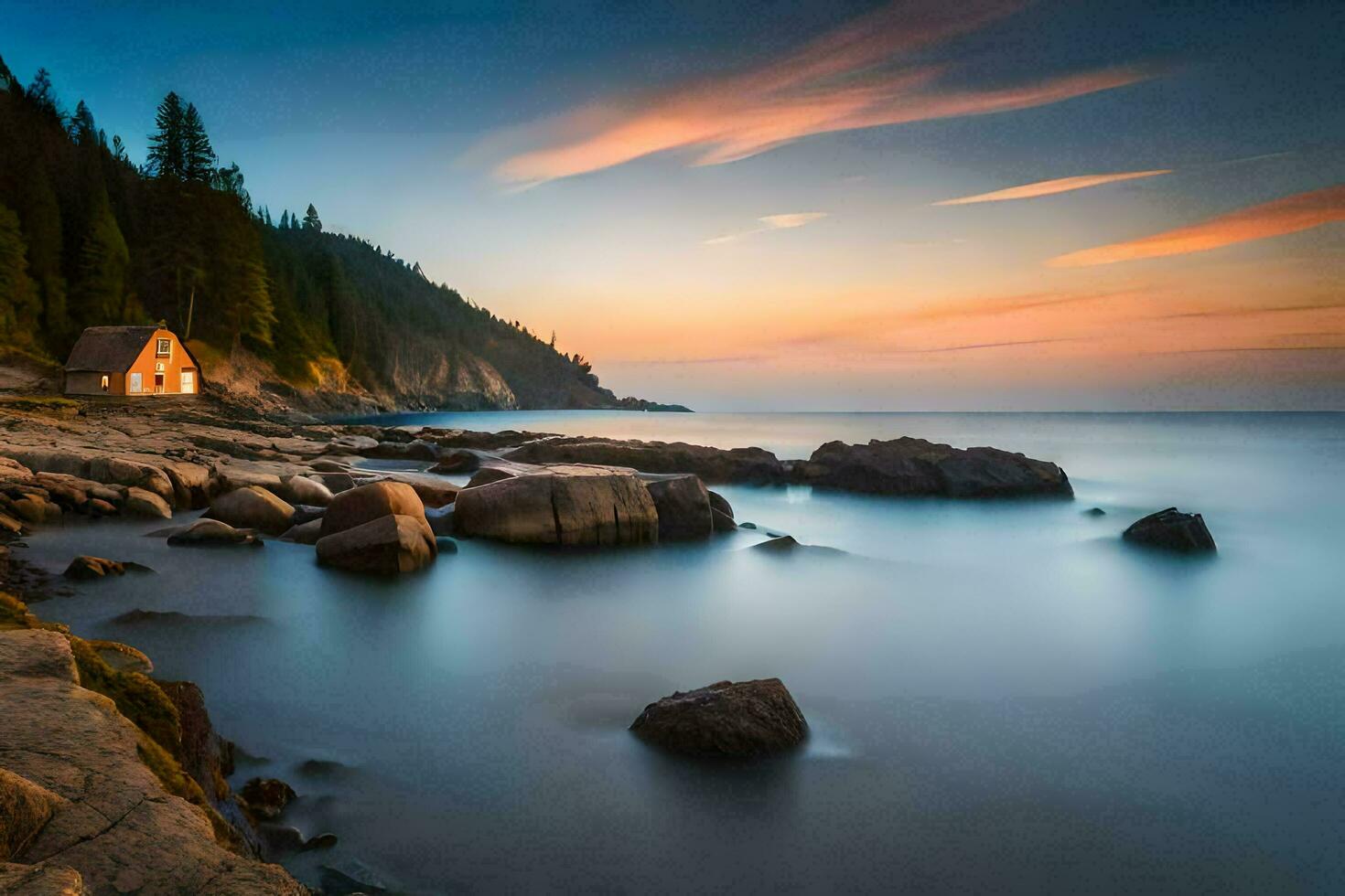 a small house sits on the rocks at sunset. AI-Generated photo