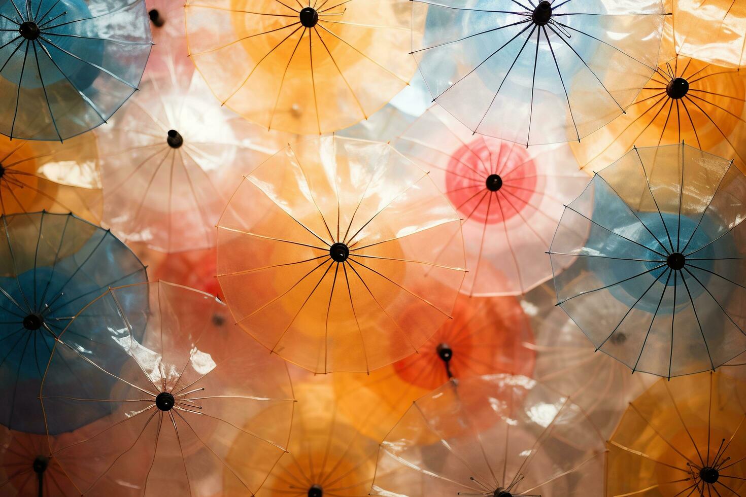 Colorful transparent umbrellas background. Street decoration. Generated by artificial intelligence photo