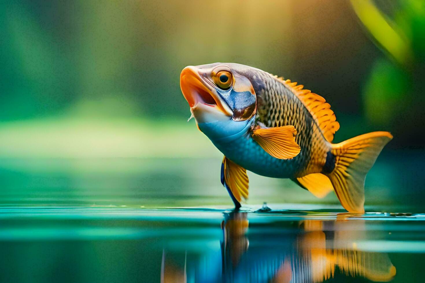 a fish is standing on the water with its mouth open. AI-Generated photo