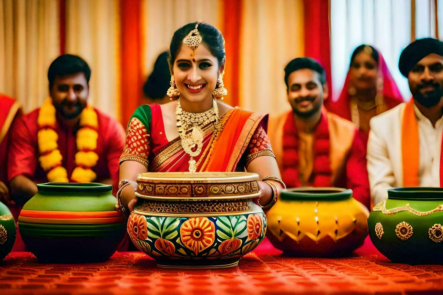 un novia y novio en tradicional indio atuendo. generado por ai foto