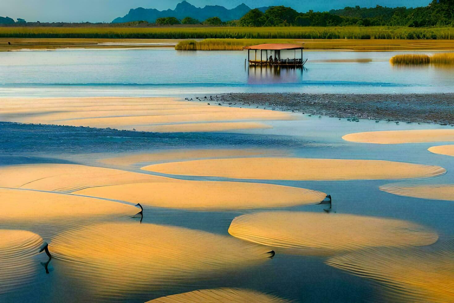 birds are standing on the shore of a river. AI-Generated photo