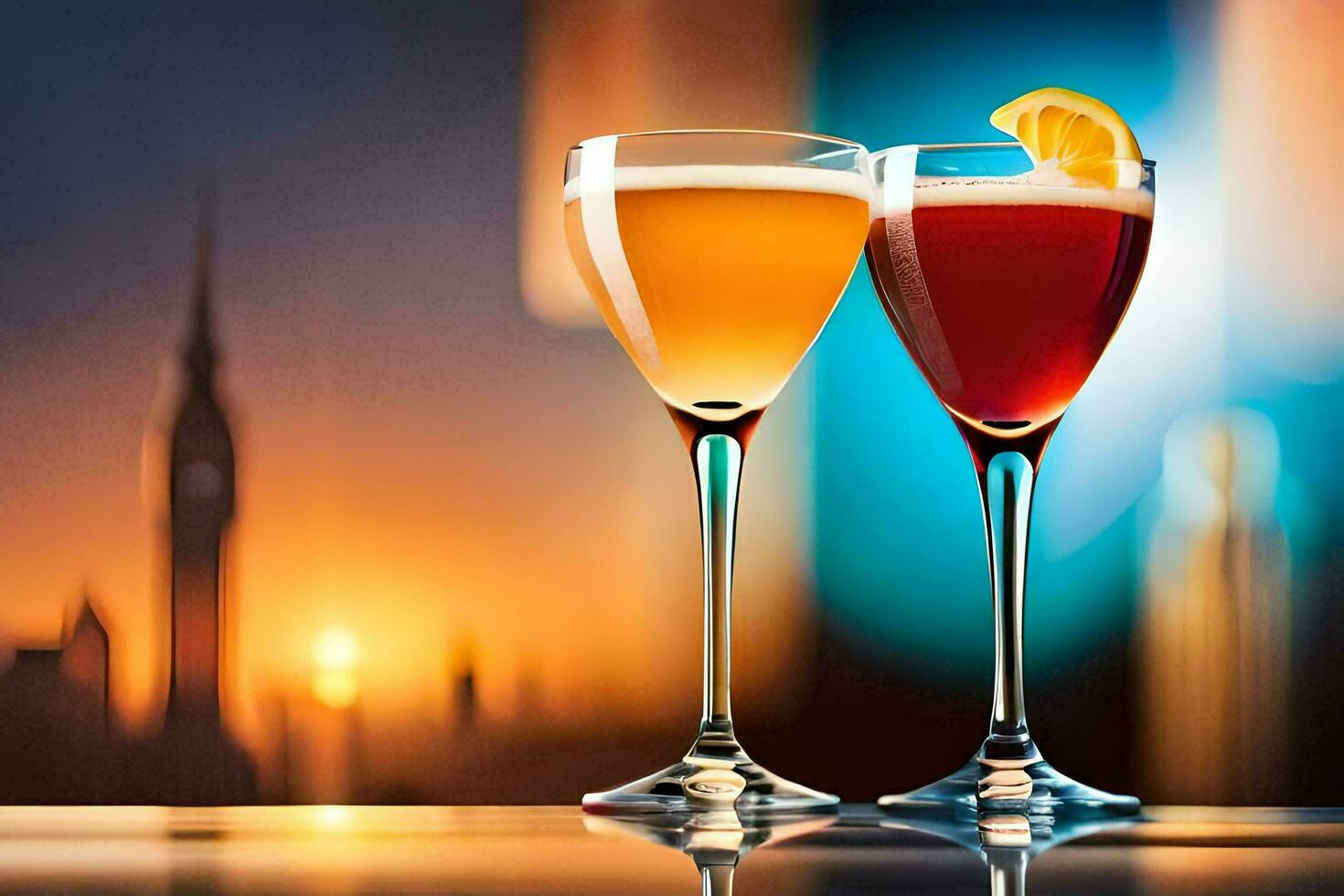 two glasses of alcohol with a cityscape in the background. AI-Generated photo