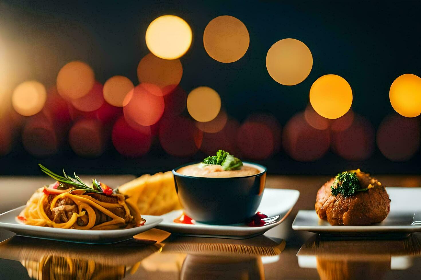 three plates with food on them in front of a blurry background. AI-Generated photo