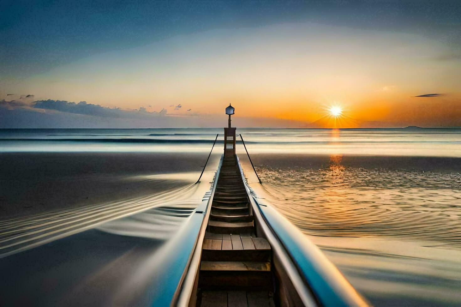 a long wooden pier on the beach at sunset. AI-Generated photo