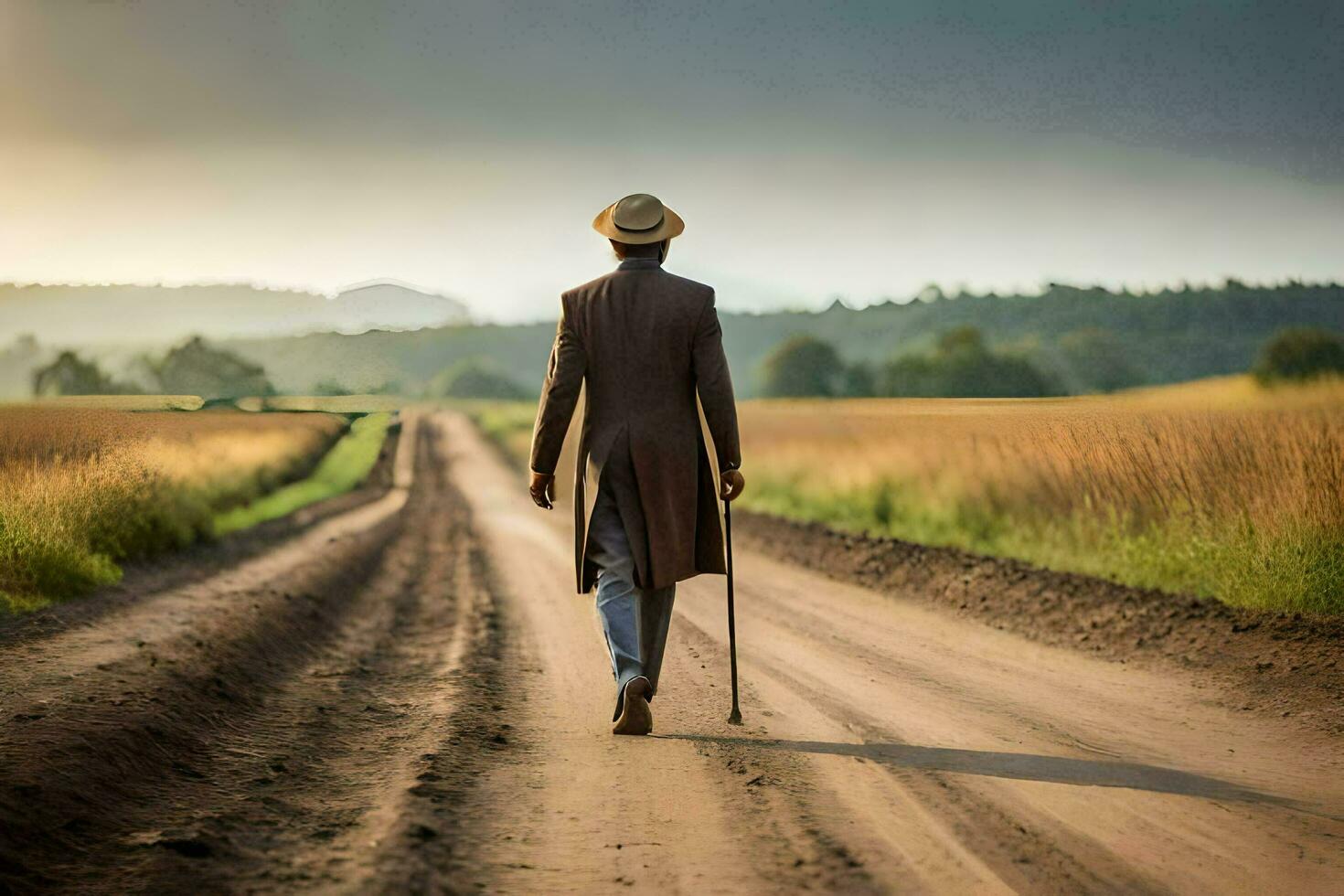 a man walking down a dirt road with a cane. AI-Generated photo