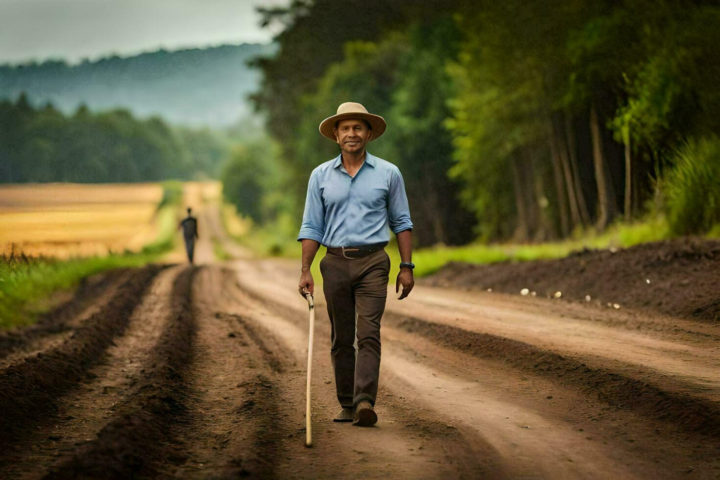 a man walking down a dirt road with a stick. AI-Generated photo
