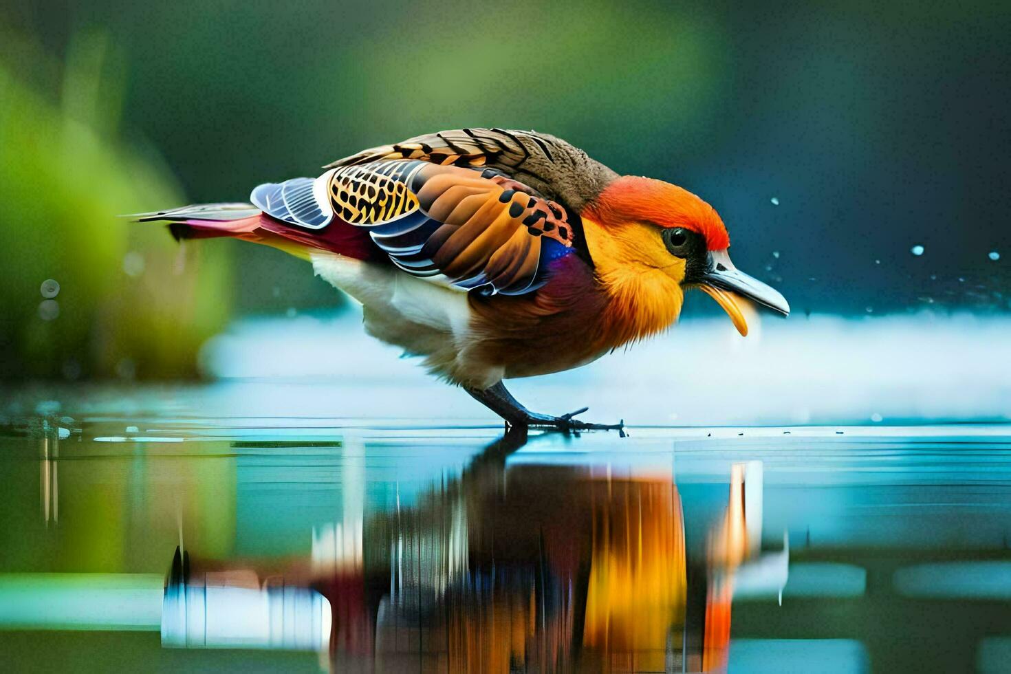 a colorful bird is standing on the water. AI-Generated photo