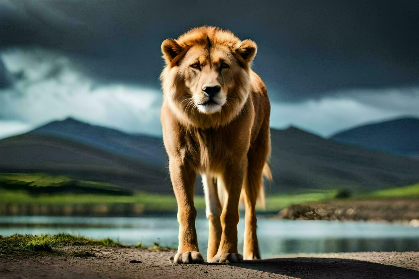 a lion stands on the road in front of a lake. AI-Generated photo