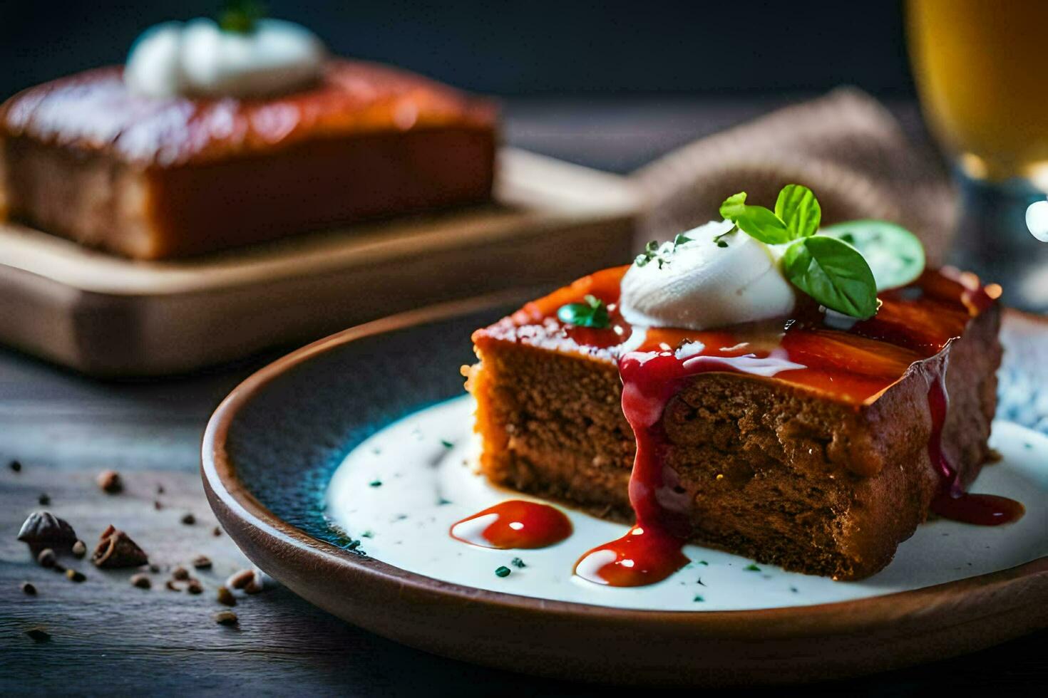 a piece of cake with sauce and a glass of beer. AI-Generated photo