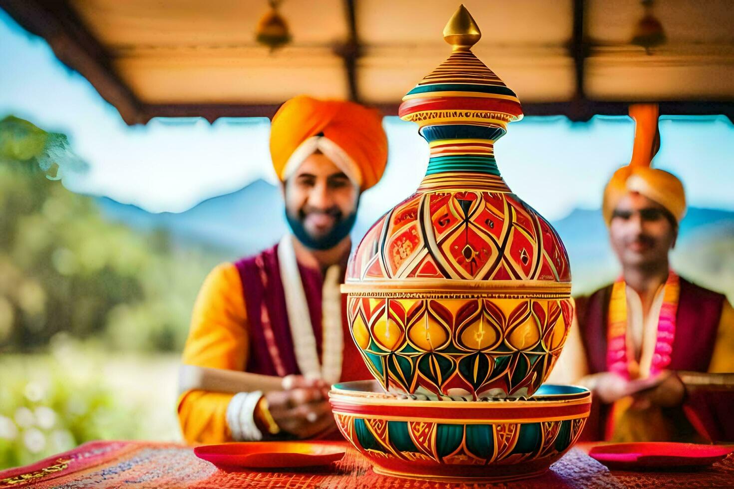 indian wedding ceremony in the mountains. AI-Generated photo
