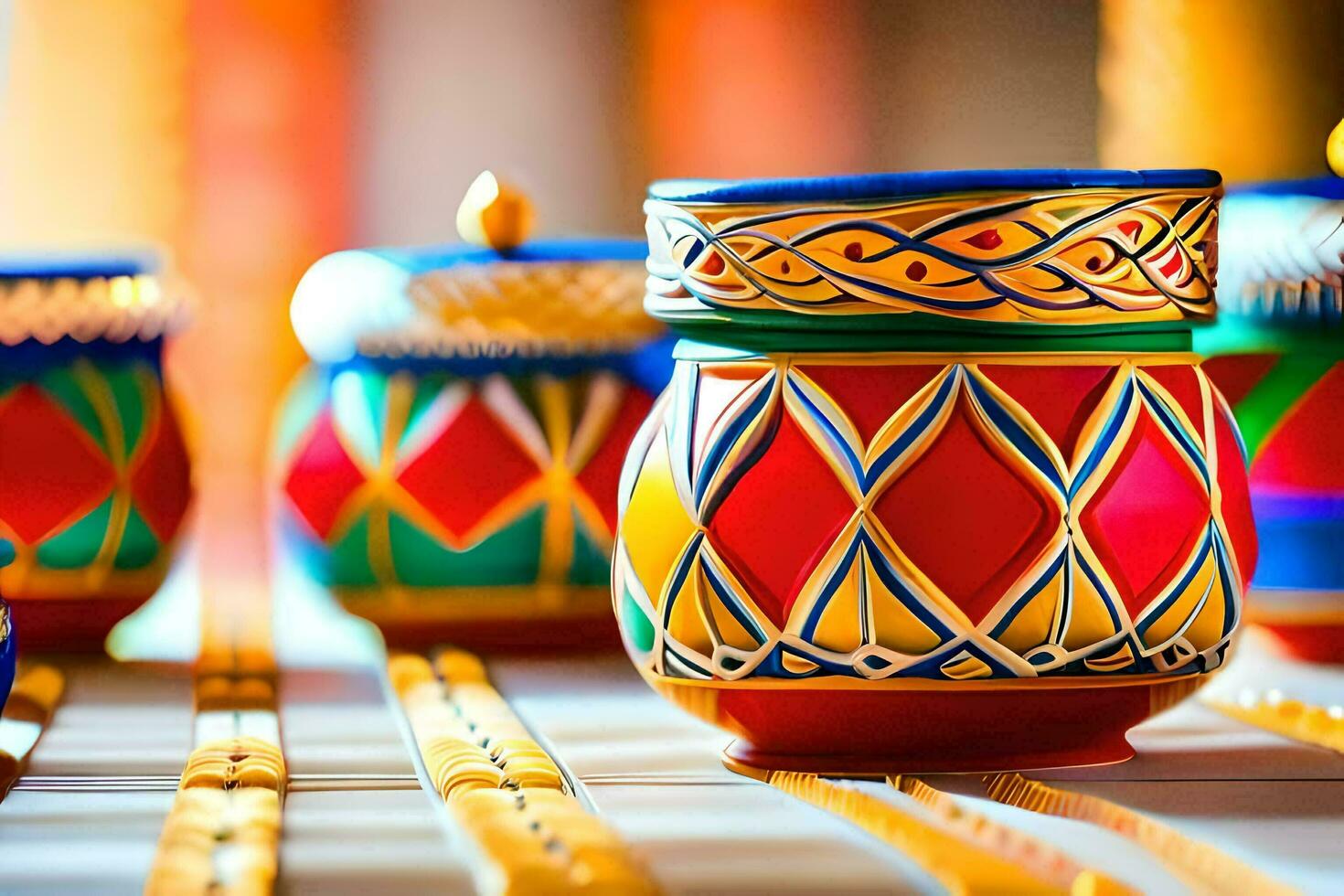 colorful ceramic pots on a table. AI-Generated photo