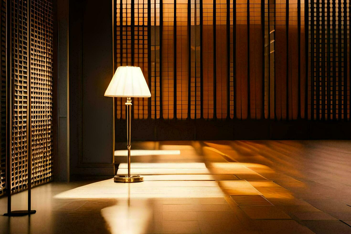 a lamp is sitting on a floor in a room. AI-Generated photo